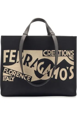 Salvatore Ferragamo Taske, Dame, Sort, ONE SIZE, Læder, Raffia Læder Tote Bag med Logo