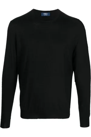 FEDELI Strik, Herre, Sort, 5XL, Cashmere, Sort ribstrikket jumper i cashmere-silke blanding