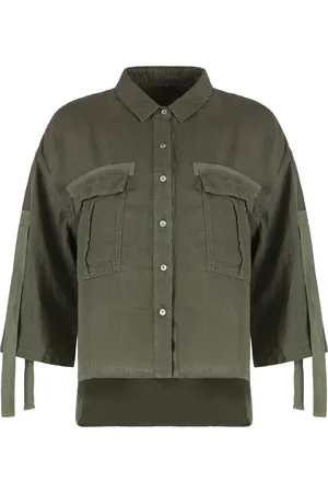 120% Lino Bluser & Skjorter, Dame, Grøn, XS, Linned, Linnedskjorte med forlommer