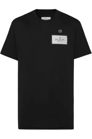 Philipp Plein Top, Herre, Sort, 3XL, Bomuld, Crew Neck T-shirt med Logo Patches