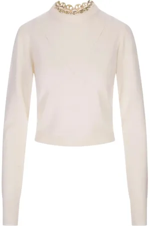 Paco rabanne Strik, Dame, Hvid, L, Uld, Hvid Rund Hals Sweatshirt med Guld Accents