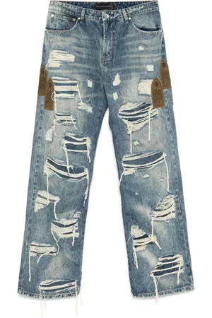 Who Decides War Jeans, Herre, Blå, W30, Blå Ripped Jeans med Appliqué Detaljer