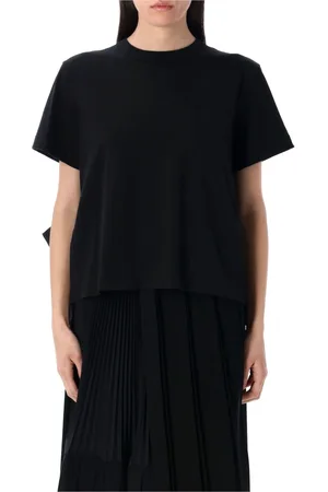 SACAI Top, Dame, Sort, M, Bomuld, Sort Panel T-shirt med Rynket Ryg