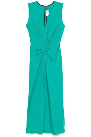 Victoria Beckham Kjole, Dame, Grøn, L, Teal V-Neck Kjole med Rynket Plissédetaljer