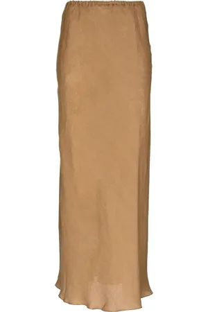Baserange Nederdel, Dame, Brun, M, Linned, Brun Linned Højtaljet Maxi Nederdel