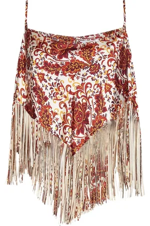 Paco rabanne Top, Dame, Flerfarvet, S, Satin, Blomstret Paisley Print Satin Top med Frynser