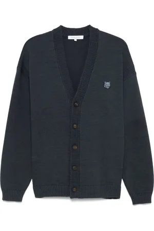 Maison Kitsuné Strik, Herre, Blå, S, Uld, Blå V-hals sweater med knaplukning