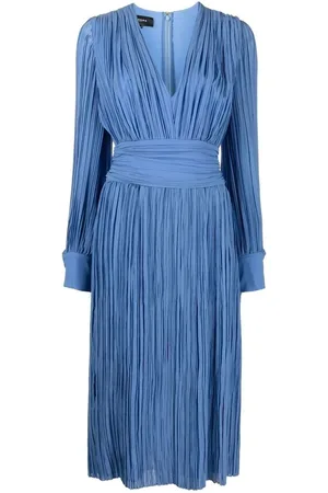 Rochas Kjole, Dame, Blå, XS, Blå Plissé Midi Kjole