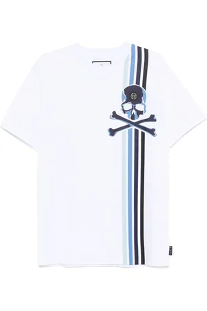 Philipp Plein Top, Herre, Hvid, L, Hvid Stribe Crew Neck T-shirt