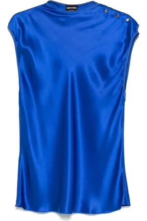 Giorgio Armani Top, Dame, Blå, S, Uld, Blå Ærmeløs Skjorte med Trykknap Lukning
