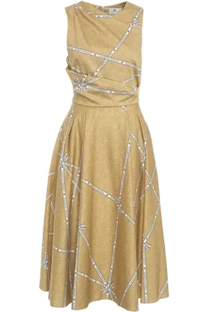 Elisabetta Franchi Kjole, Dame, Gul, L, Uld, Guld Draperet Midi Kjole med Print
