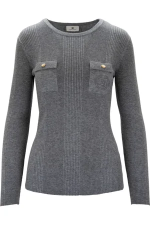 Elisabetta Franchi Strik, Dame, Grå, XL, Uld, Ribbet langærmet sweater med falske lommer
