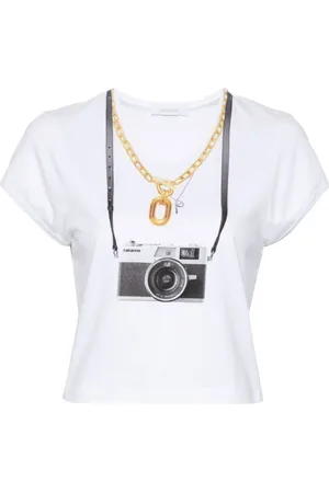 Paco rabanne Top, Dame, Hvid, M, Bomuld, Camera Print Hvid T-shirt