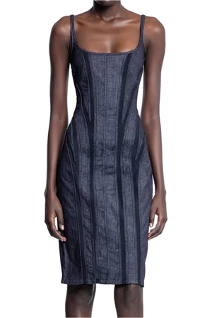MUGLER Kjole, Dame, Blå, XS, Denim, Denim Mesh Korset Kjole