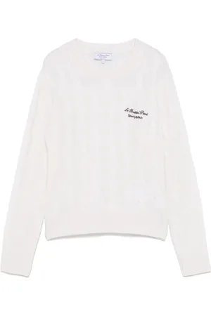 Sporty & Rich Strik, Dame, Hvid, S, Cashmere, Ecru Logo Crew Neck Sweater