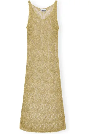 Ganni Kjole, Dame, Gul, S, Uld, Metallic Texture Deep V-Neck Kjole