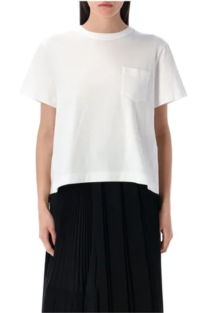 SACAI Top, Dame, Hvid, M, Bomuld, Hvid Panel T-shirt med Rynket Panel