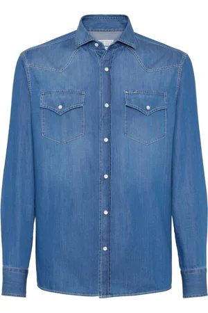 Brunello Cucinelli Skjorte, Herre, Blå, M, Denim, Denim trykknaplukningsskjorte