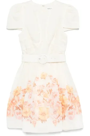 By Malina Kjole, Dame, Flerfarvet, S, Uld, Blomstret Beige Kjole med Bælte