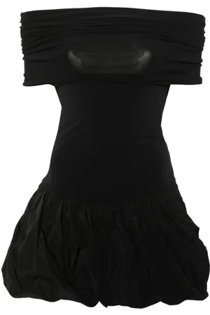 Anna October Kjole, Dame, Sort, M, Uld, Sort Off-Shoulder Kjole med Rynket Overdel