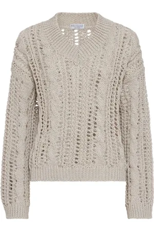 Brunello Cucinelli Strik, Dame, Grå, L, Bomuld, Ribstrikket V-hals sweater