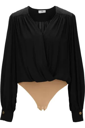Elisabetta Franchi Top, Dame, Sort, XL, Uld, Dame V-hals body skjorte med automatisk knap