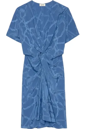 Zadig & Voltaire Kjole, Dame, Blå, M, Cerulean V-Neck Kjole med Knude Detaljer