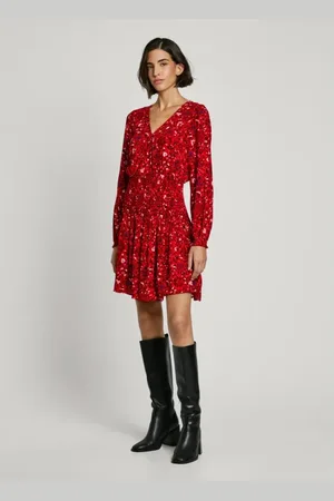 Pepe Jeans Kjole, Dame, Rød, L, Blomstret V-hals Mini Kjole