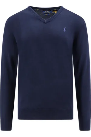 Ralph Lauren Strik, Herre, Blå, XL, Bomuld, Blå Strik V-Hals Sweater