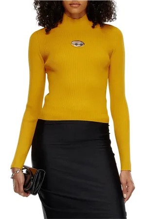 Diesel Top, Dame, Gul, S, Polyester, Ribstrikket top med ovalt D-detalje