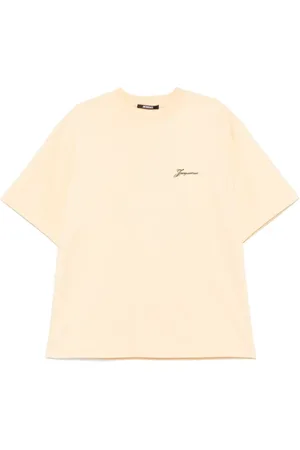 Jacquemus Top, Herre, Gul, S, Bomuld, T-shirt med logo på ryggen og grafisk print, korte ærmer