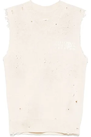 Maison Margiela Strik, Herre, , S, Ecru Ribbet V-hals Ærmeløs Sweater