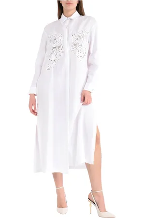Max Mara Kjole, Dame, Hvid, XS, Gennemsigtig Broderet Ramie Skjortekjole