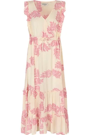 Lollys Laundry Kjole, Dame, Lyserød, L, Uld, Elegant Bladprint Midi Kjole