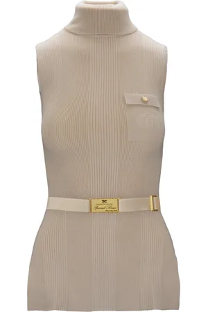 Elisabetta Franchi Strik, Dame, , M, Uld, Ribbet ærmeløs turtleneck med bælte