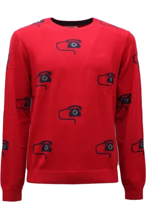 sun68 Strik, Herre, Rød, L, Bomuld, Ildrød/Blå Uld Bomuld Sweater