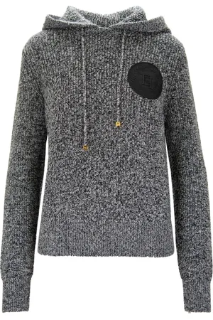 Elisabetta Franchi Sweathshirts & Hoodies, Dame, Grå, XS, Uld, Hættet Striktrøje med Logo Detaljer