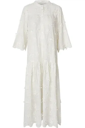 Lollys Laundry Kjole, Dame, , M, Bomuld, Elegant Midi Kjole med Broderede Detaljer