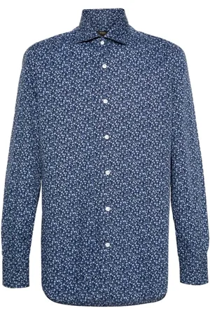 BARBA Skjorte, Herre, Blå, 4XL, Bomuld, Blå Blomstret Bomuldsskjorte
