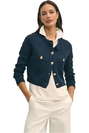 Brooks Brothers Strik, Dame, Blå, M, Bomuld, Bomuldssweaterjakke med guld knapper