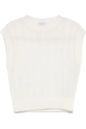 Brunello Cucinelli Strik, Dame, Hvid, L, Hvid Ribstrikket Sweater Uforet