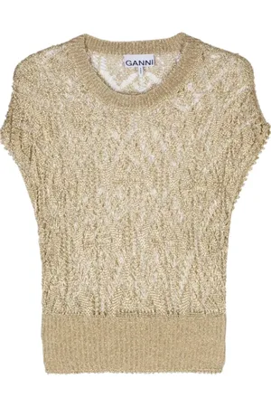 Ganni Strik, Dame, Gul, S, Uld, Metallic Strik Top med Rund Hals