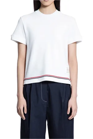 Thom Browne Top, Dame, Hvid, S, Bomuld, Stribet Trim Notch Tee i Bomuld