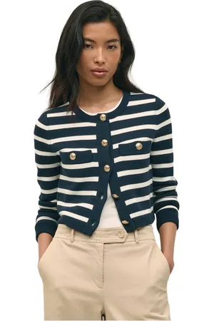 Brooks Brothers Strik, Dame, Blå, L, Bomuld, Stribet bomuldsstrik med gyldne knapper