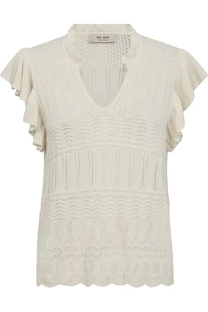 Mos Mosh Bluser & Skjorter, Dame, , M, Bomuld, Feminin Strikbluse med Ruffle Ærmer