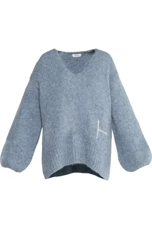 Hest Strik, Dame, Blå, XS, Denim, Oversized V-hals Sweater Faded Denim