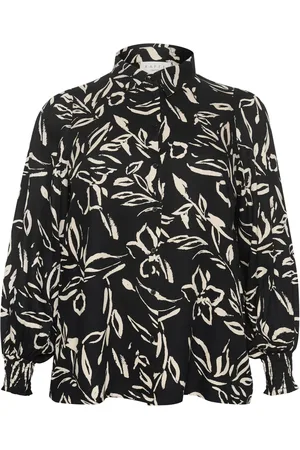 Kaffe Bluser & Skjorter, Dame, Sort, 6XL, Blomstret skjortebluse sort/sandmalet blomst