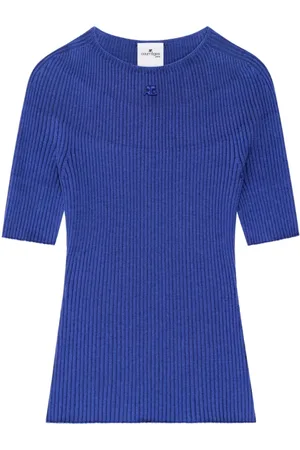 Courrèges Strik, Dame, Blå, M, Blå Logo Sweater Korte Ærmer