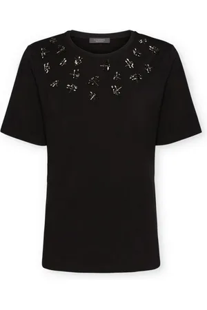 Elena Miro Top, Dame, Sort, M, Uld, T-shirt med guldbroderi