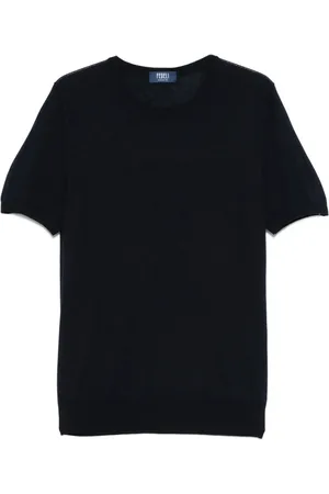FEDELI Top, Herre, Blå, L, Blå Ribbet Crew Neck Sweater